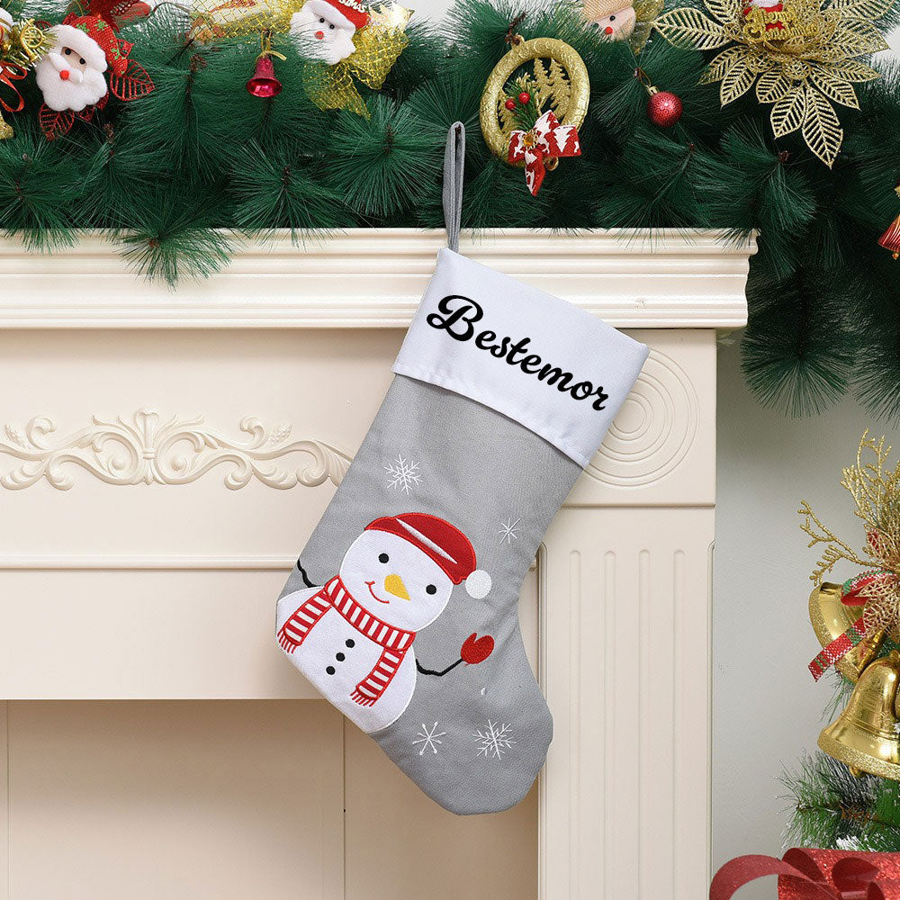 Julestrømpe med Navn, Grå - Snømann
