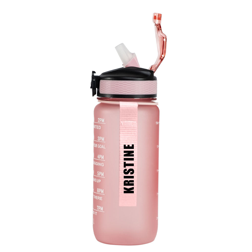 Motivasjonsflaske med Navn - Fersken Rosa - 600ml, Drikkeflaske, Vannflaske, Drikkeflaske med navn, Vannflaske med navn, front sort navn