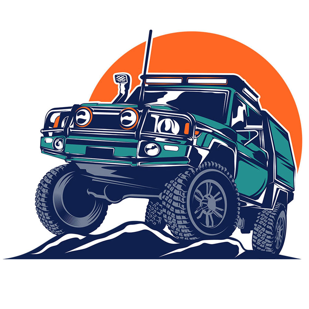 Strykemerke – Offroad-bil i solnedgang, Patches, DTF-Strykemerke, Strykemerker til klær, Biler strykemerke, Bil strykemerke, Kjøretøy strykemerke