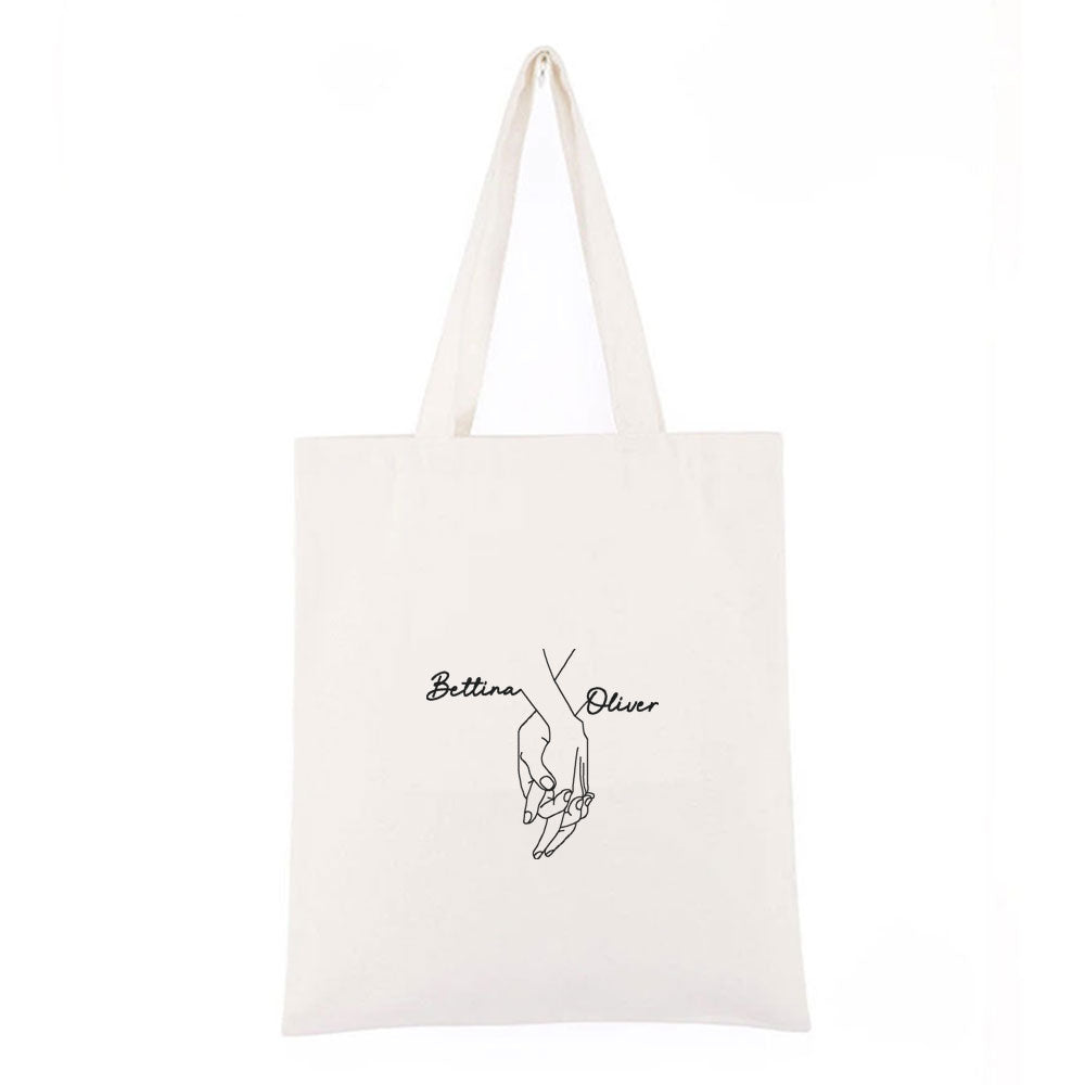 Personlig handlenett i canvas – brodert kjærlighetsdesign med to navn