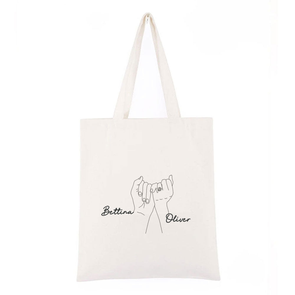 Personlig handlenett i canvas – brodert håndmotiv med to navn