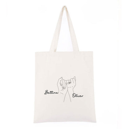 Personlig handlenett i canvas – brodert håndmotiv med to navn