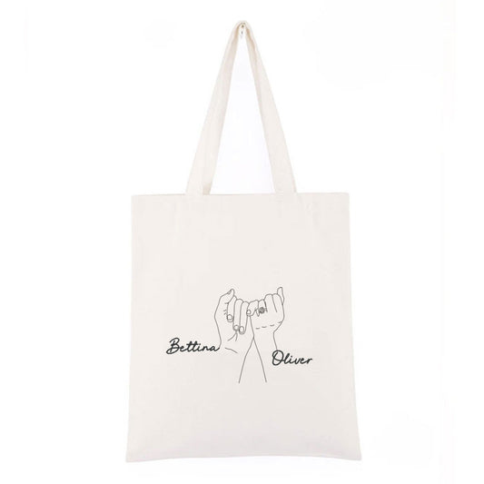 Personlig handlenett i canvas – brodert håndmotiv med to navn