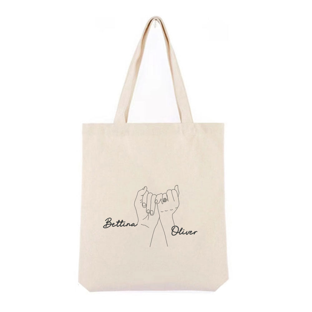 Personlig handlenett i canvas – brodert håndmotiv med to navn