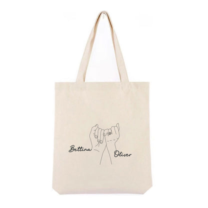 Personlig handlenett i canvas – brodert håndmotiv med to navn