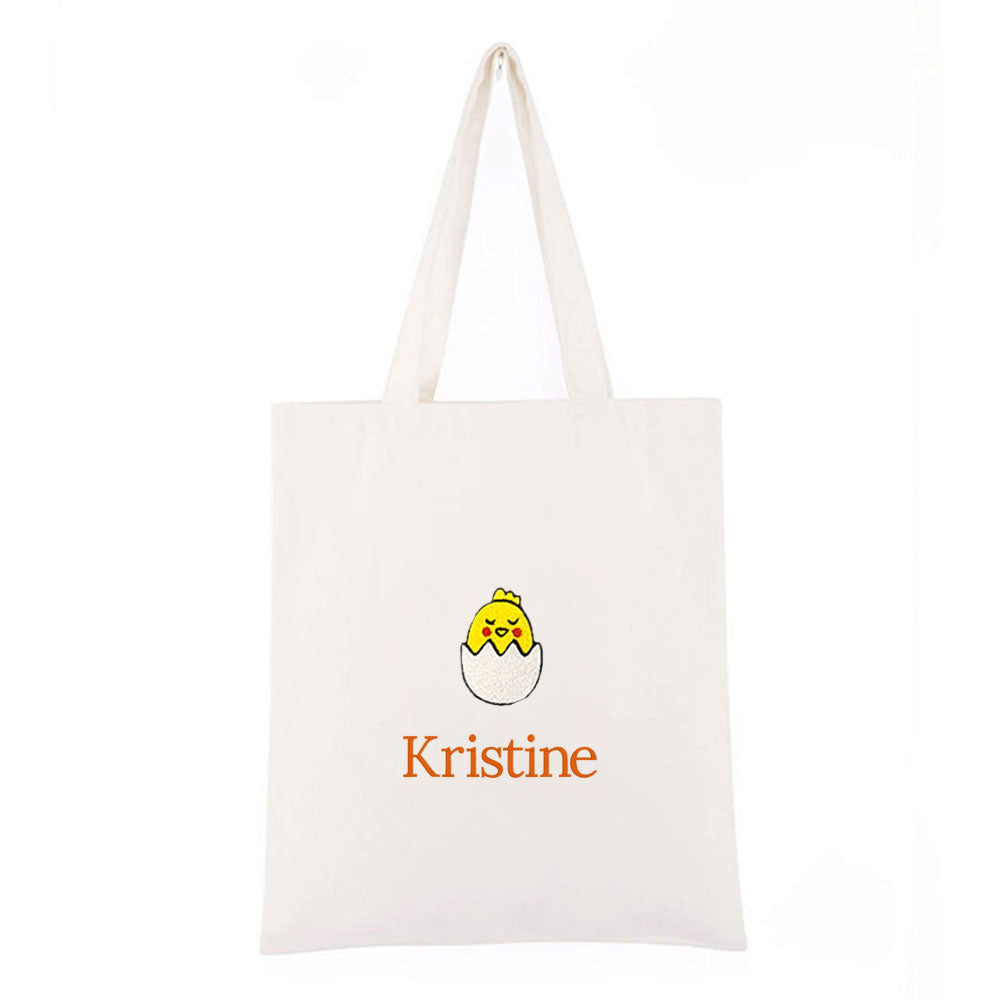 Personlig handlenett i canvas med brodert kylling i egg og tekst