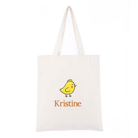 Personlig handlenett i canvas med brodert kylling og tekst