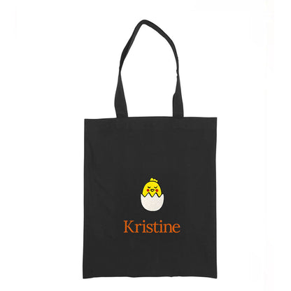 Personlig handlenett i canvas med brodert kylling i egg og tekst