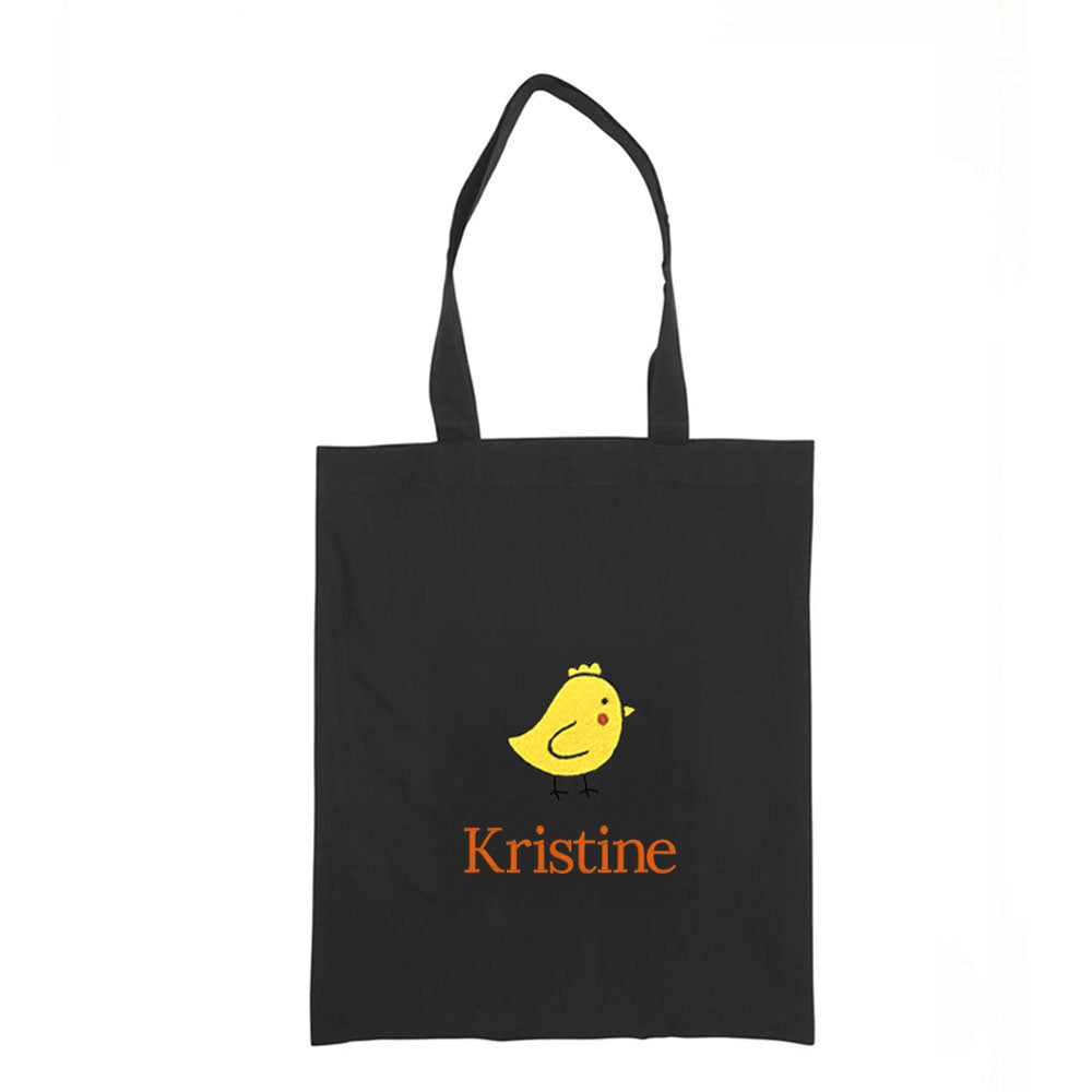 Personlig handlenett i canvas med brodert kylling og tekst