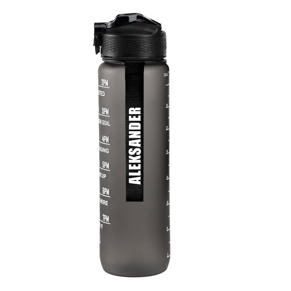 Motivasjonsflaske med Navn - Midnatt sort - 1000ml, Drikkeflaske, Vannflaske, Drikkeflaske med navn, Vannflaske med navn, Hvit navn