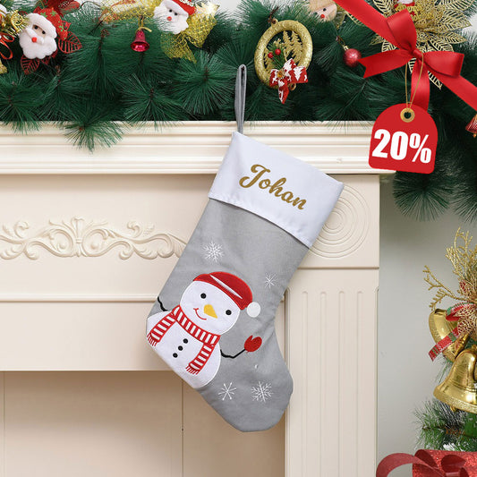 Julestrømpe med Navn, Grå - Snømann