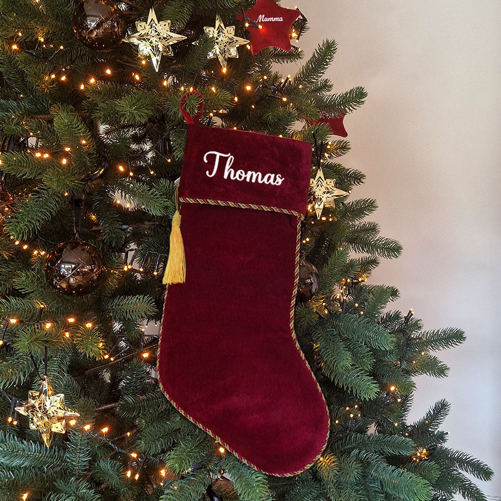 Julestrømpe i fløyel – Personlig med brodert navn