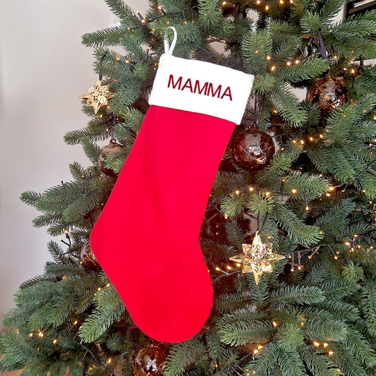 Klassisk Rød Julestrømpe i Fløyel – Med brodert navn