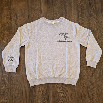 Damegenser med personlig brodert tekst og håndmotiv