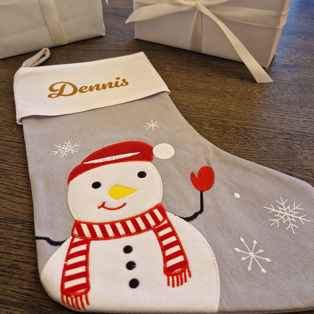 Julestrømpe med Navn, Grå - Snømann