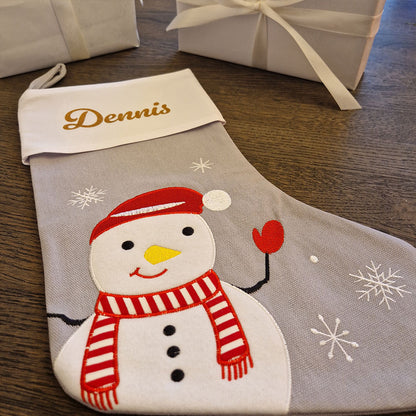 Julestrømpe med Navn, Grå - Snømann