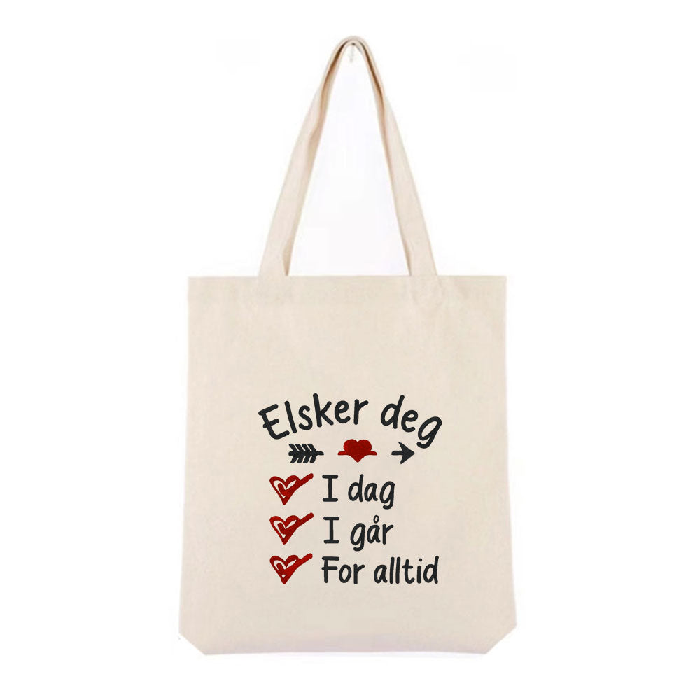Handlenett i canvas – brodert Valentinsdesign «Elsker deg»