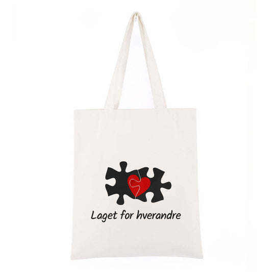Personlig handlenett i canvas – brodert Valentinsdesign “Laget for hverandre”