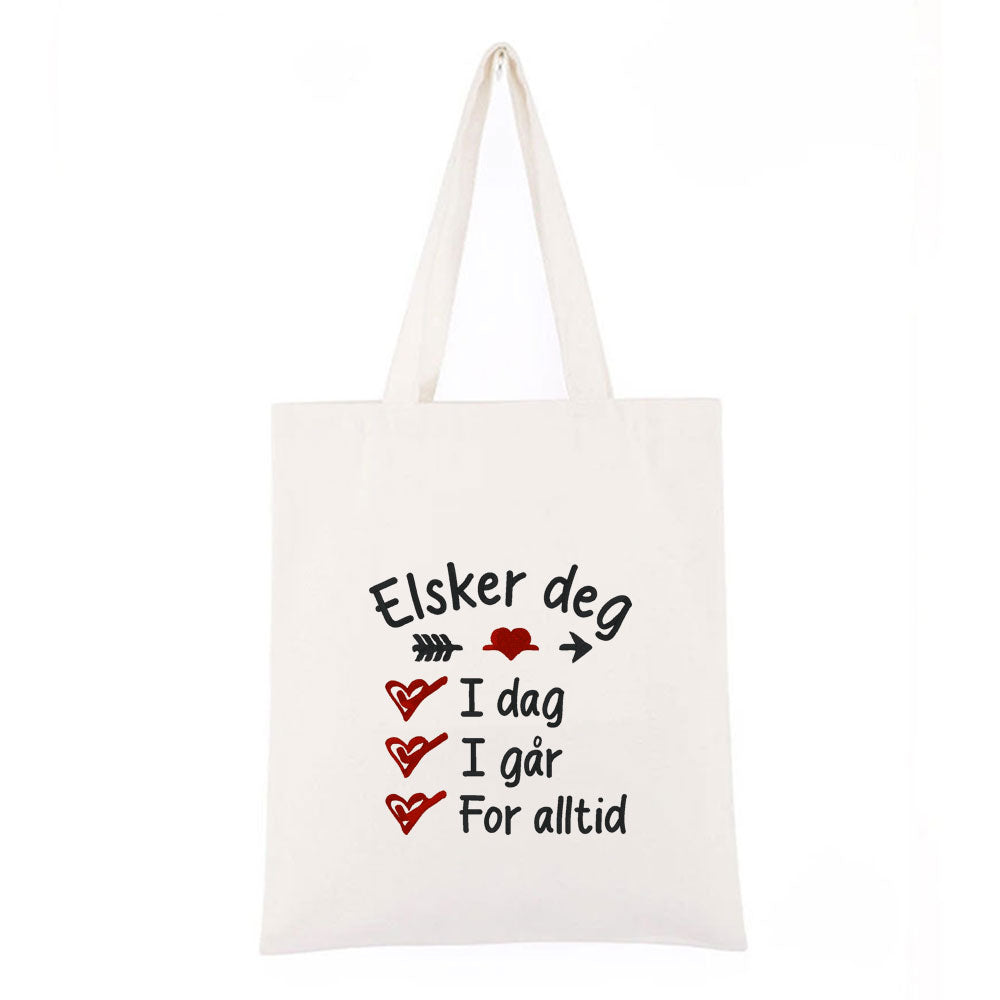 Handlenett i canvas – brodert Valentinsdesign «Elsker deg»
