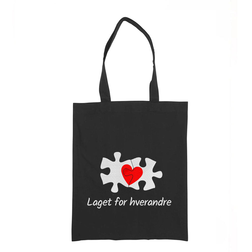 Personlig handlenett i canvas – brodert Valentinsdesign “Laget for hverandre”