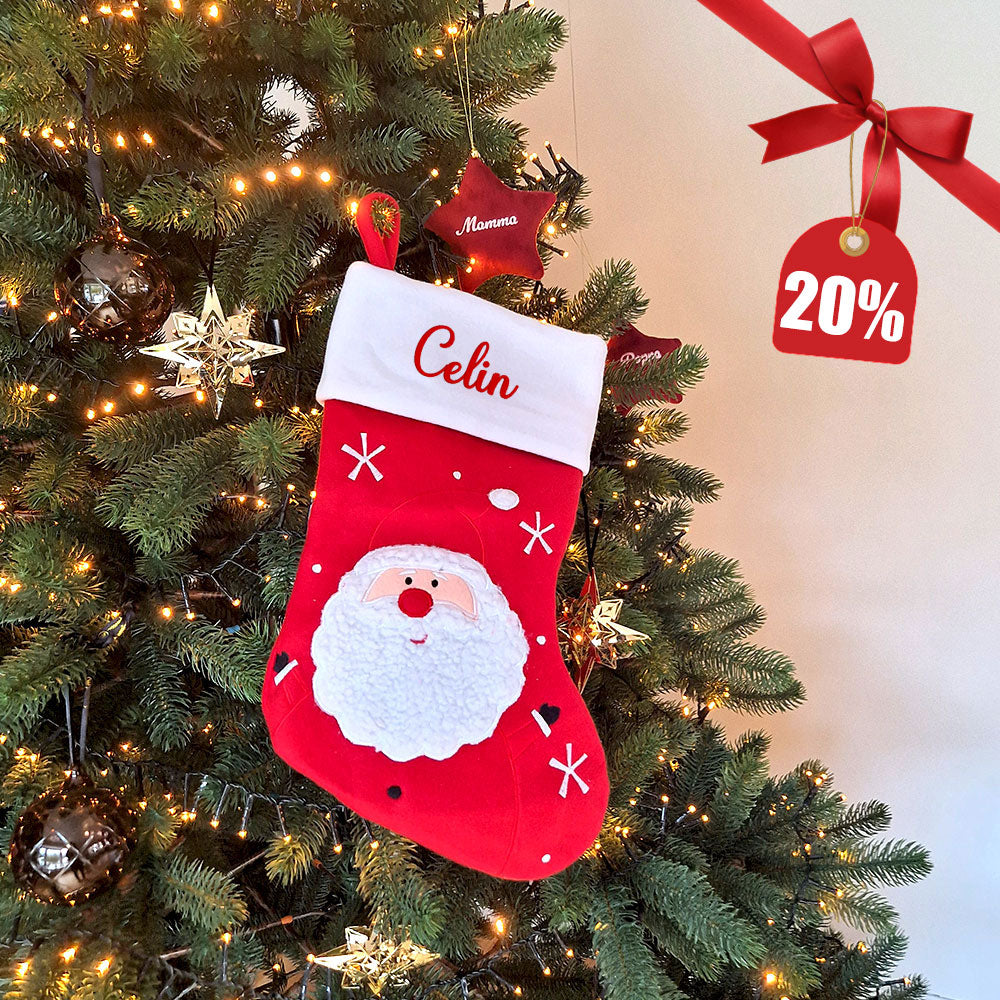 Rød julestrømpe med søt julenisse og personlig brodert navn “Celin”. Hengt på juletre med gullpynt og julelys – perfekt som julepynt og gavepose. 20 % rabatt hos Eventyrprint.no på personlige julestrømper med nissedekor.