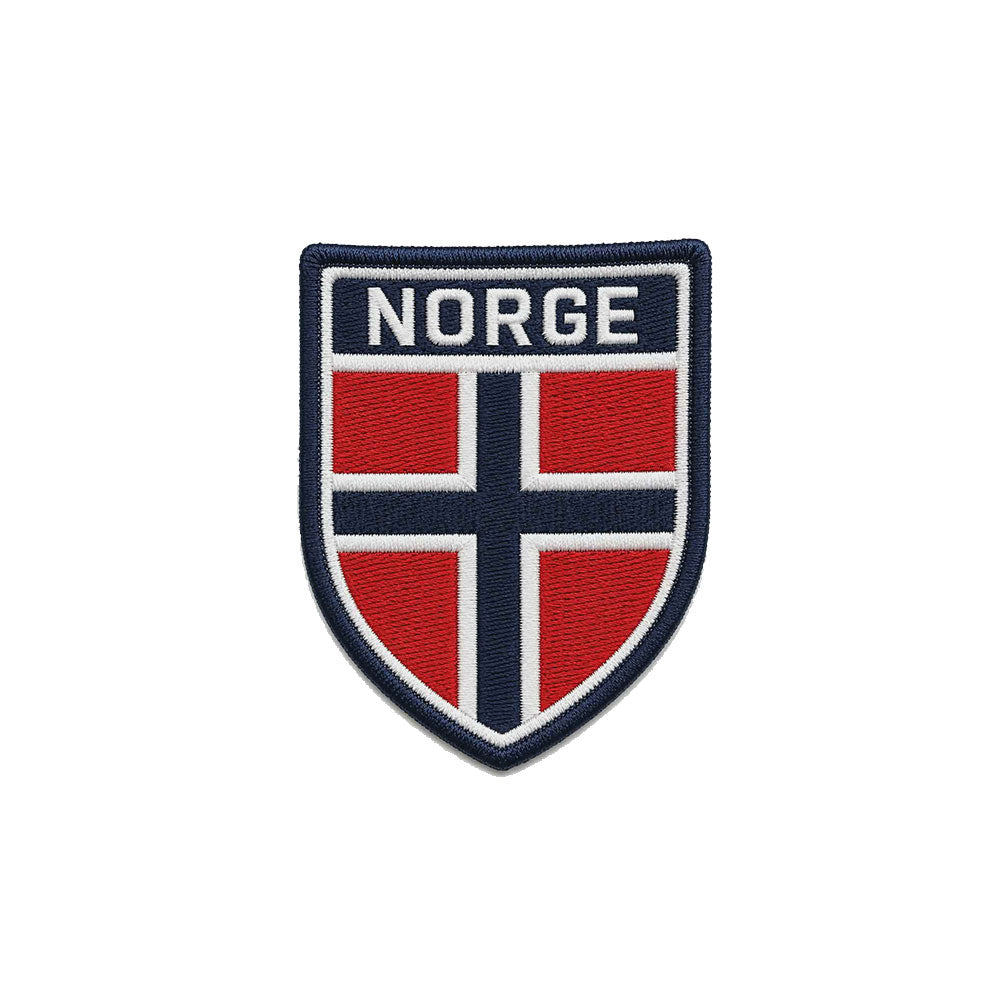 Brodert Norge iron patch med norsk flagg. Strykemerke til klær, sekker og capser.