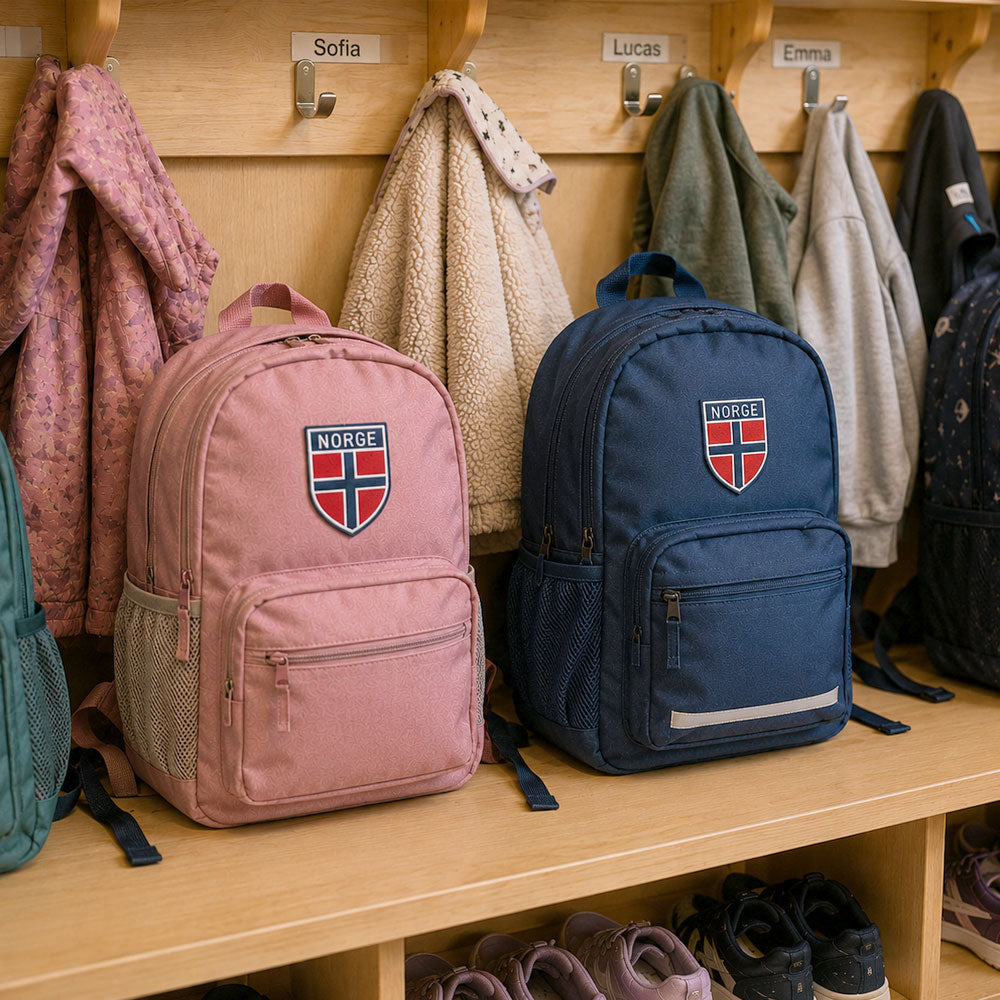 Brodert Norge patch festet på ryggsekker med varmeaktivert lim.