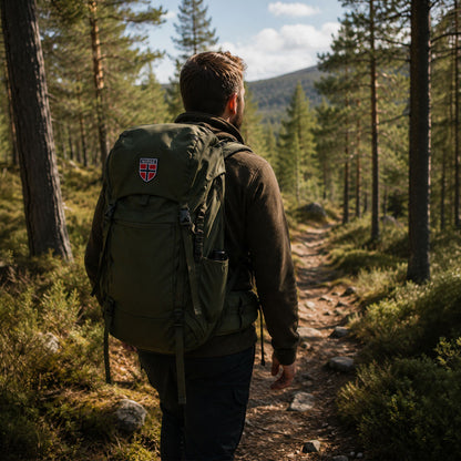 Brodert norsk flagg patch festet på tursekk til friluftsliv og tur.